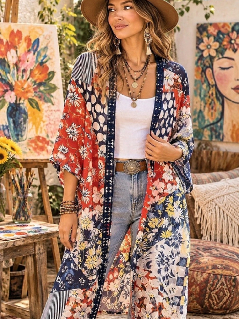 Floral Kimono in Blue & Red Like New